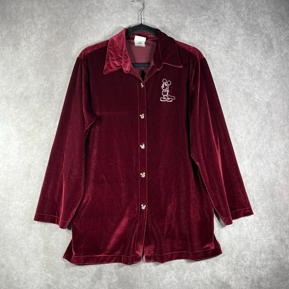 Vintage The Disney Store Shirt Womens Medium Red Velour Button Up Long Sleeves